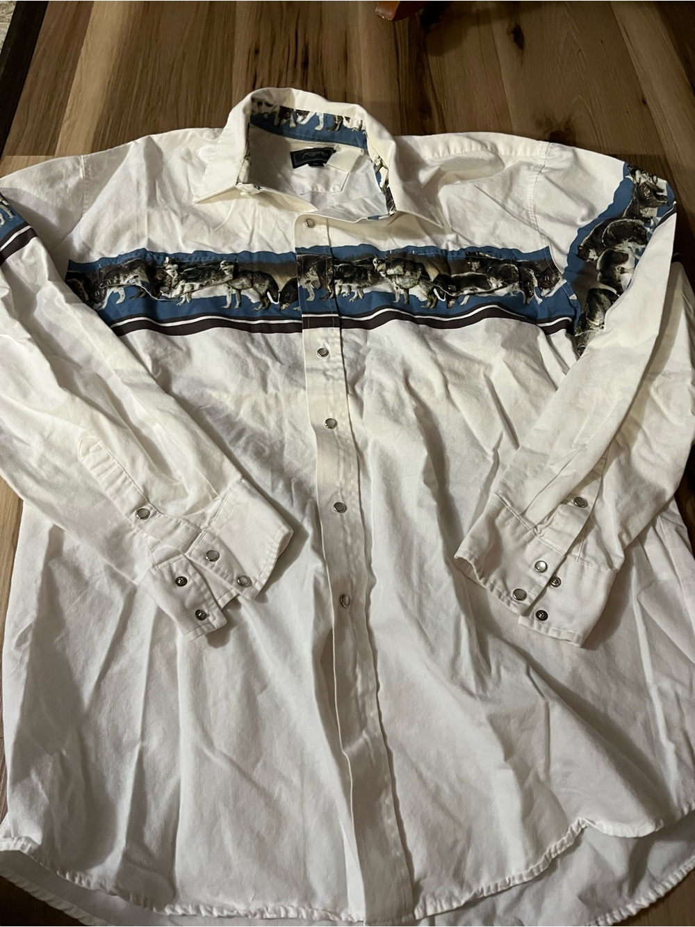 Vintage RARE Roper pearl snap Western cowboy shirt with wolf print L